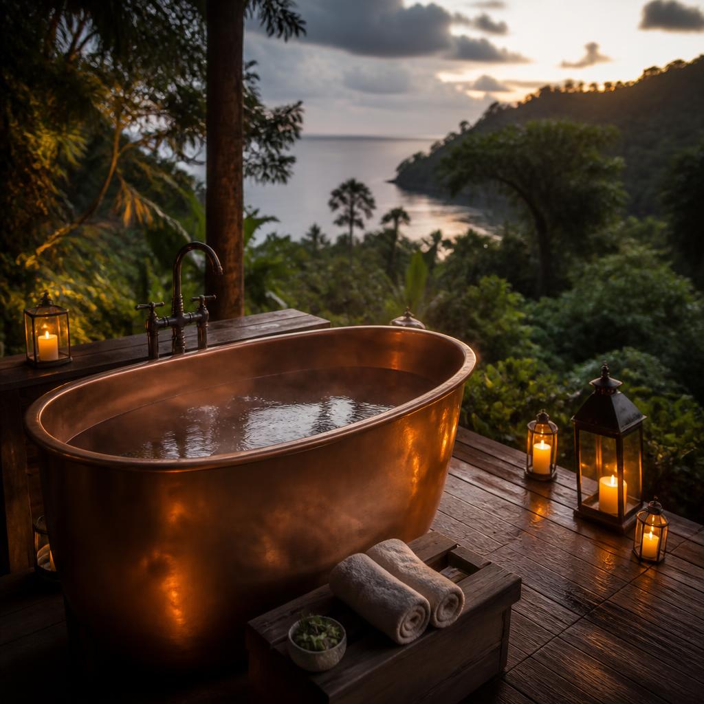 Brass outdoor bathtub in the jungle